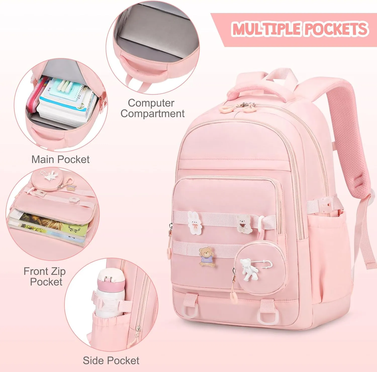 Backpacks for Girls - 4PCS Girls Backpack with Lunch Bag & Pencil Pouch Coin Pruse for Teens Kids Elementary Middle High School College Student Bookbag Daypack (Pink)