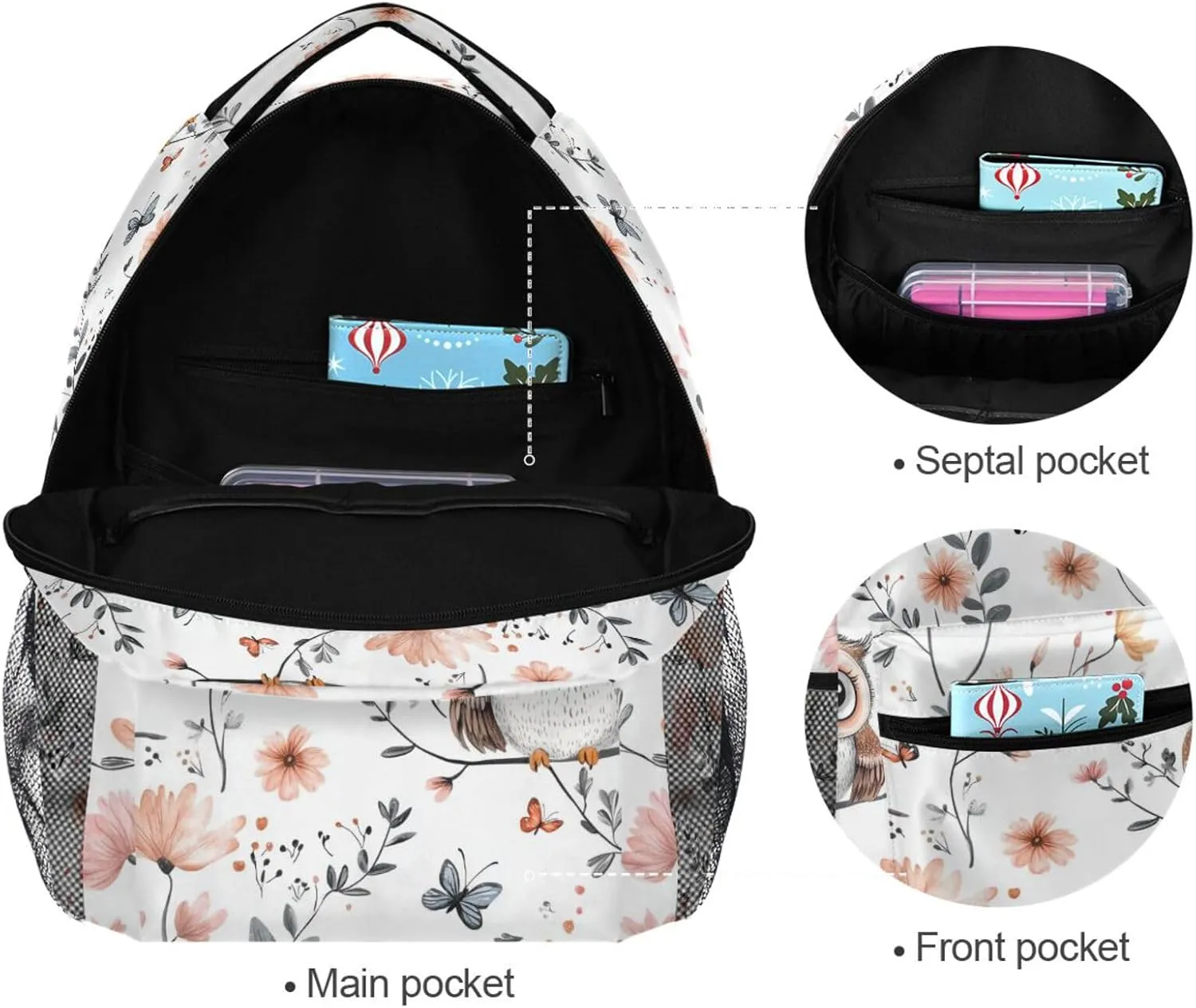 Backpacks for Teacher Nurse Waterproof School Bag with Chest Strap for Business Work College Travel Trip Cartoon Sweet Owl White
