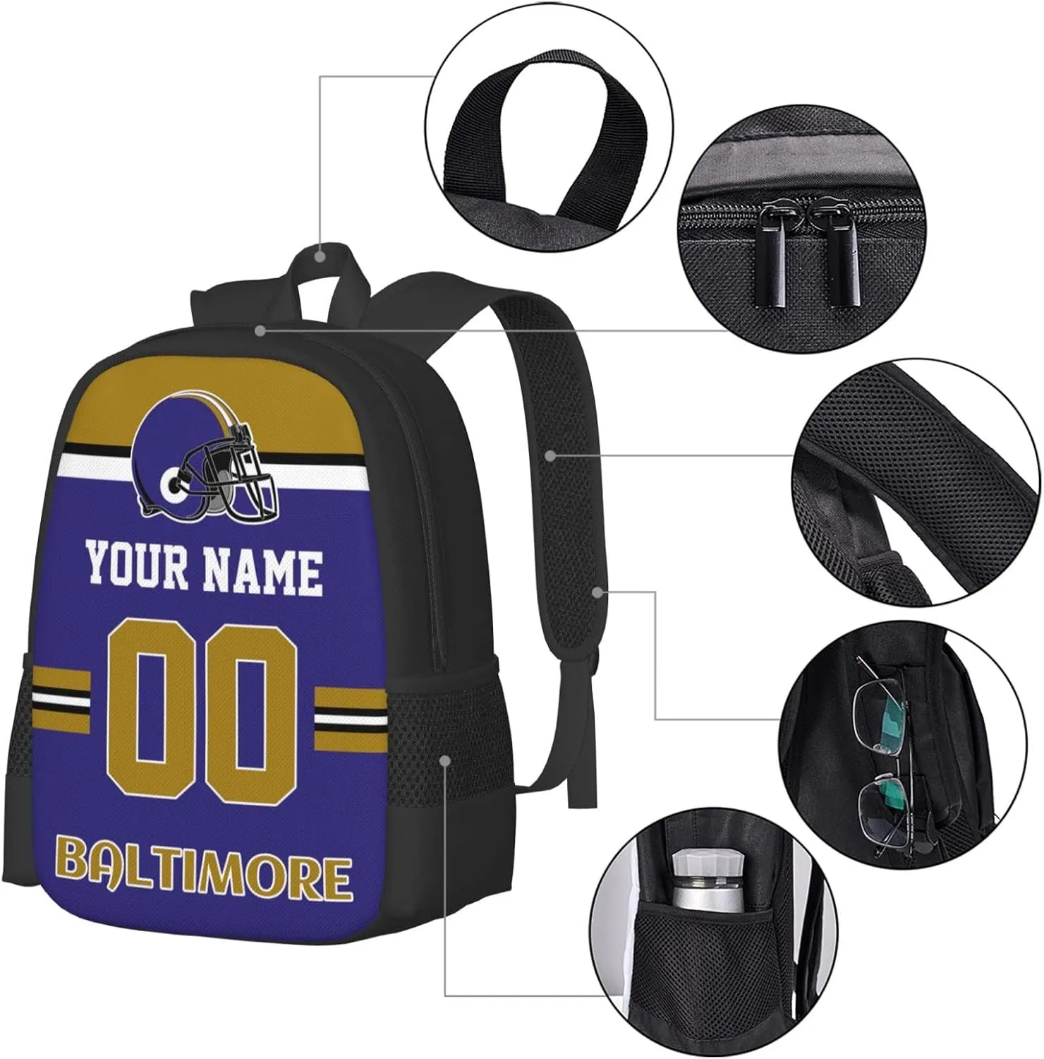 Baltimore Backpack Custom Football Style Backpack Personalized Name and Number Backpacks Customized High Capacity Bag Gifts for Men Women Fans