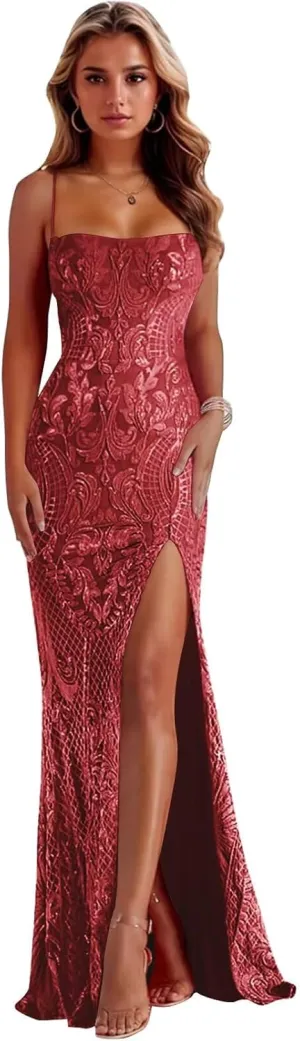 Basgute Mermaid Sequin Lace Prom Dresses for Women Sparkly Slit Long Corset Formal Evening Party Gown