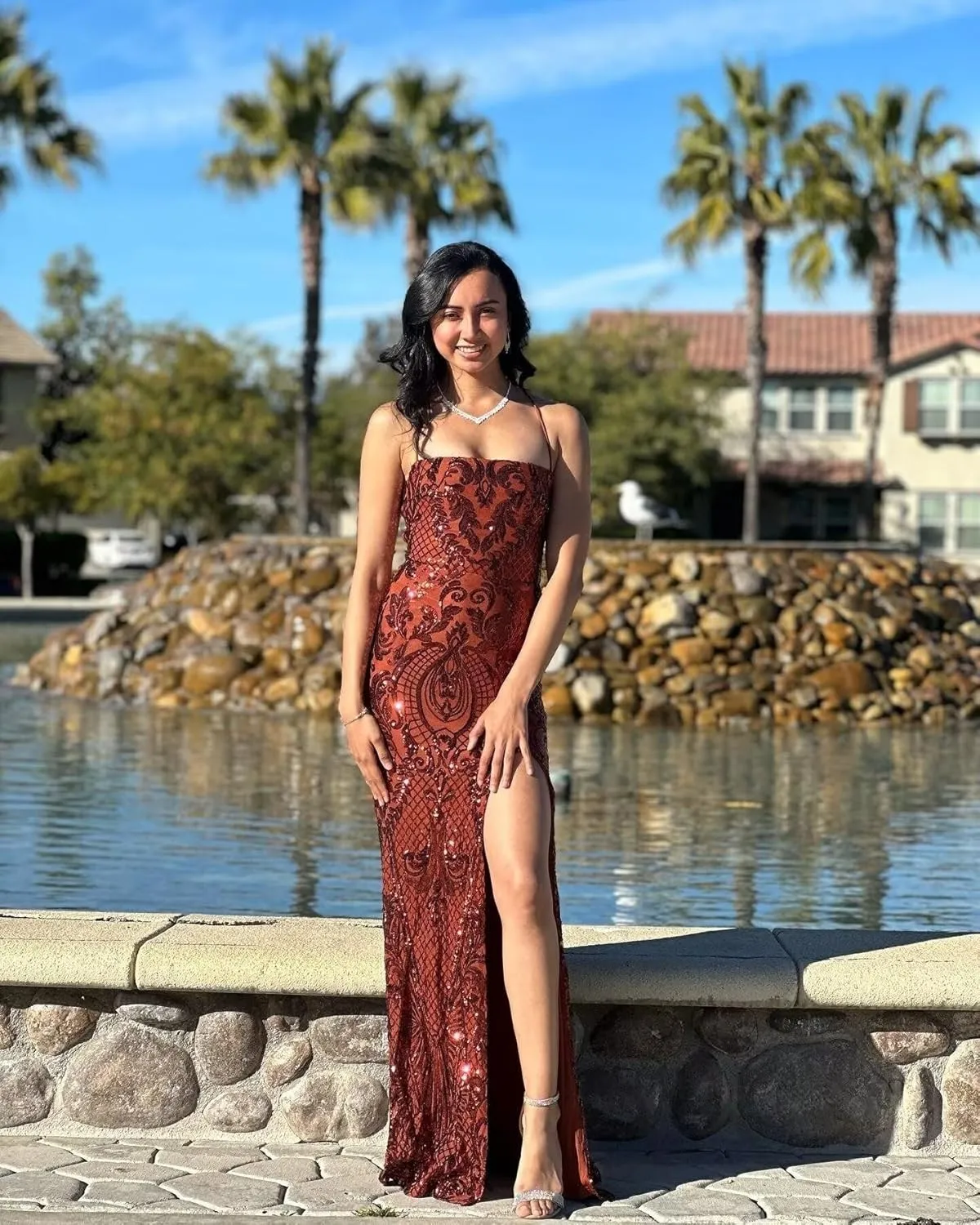 Basgute Mermaid Sequin Lace Prom Dresses for Women Sparkly Slit Long Corset Formal Evening Party Gown