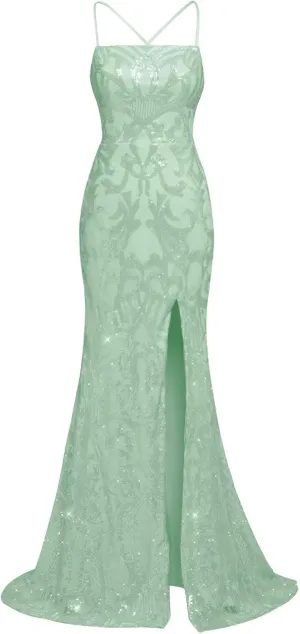 Basgute Women's Sequin Lace Prom Dresses with Slit Mermaid Long Corset Sparkly Formal Evening Party Gown