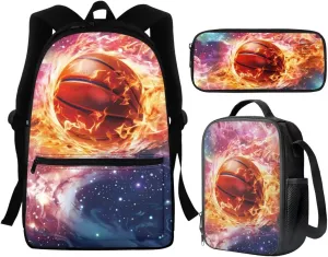 Basketball Backpack for Boys 8-10/10-12 High School Bookbags Kids School Bag With Lunch Box Pencil Case Set 3 In 1 Flame Backpacks for 3rd/4th/5th/6th Grade Girls 16 Inch Back Pack