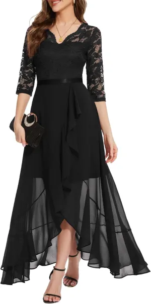 Bbonlinedress Women's V-Neck Dress for Women Wedding Guest Hi-Lo Floral Lace Prom Cocktail Party Formal Bridesmaid Dress