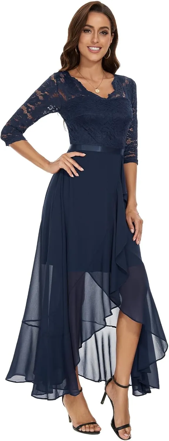 Bbonlinedress Women's V-Neck Dress for Women Wedding Guest Hi-Lo Floral Lace Prom Cocktail Party Formal Bridesmaid Dress