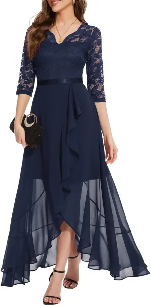 Bbonlinedress Women's V-Neck Dress for Women Wedding Guest Hi-Lo Floral Lace Prom Cocktail Party Formal Bridesmaid Dress