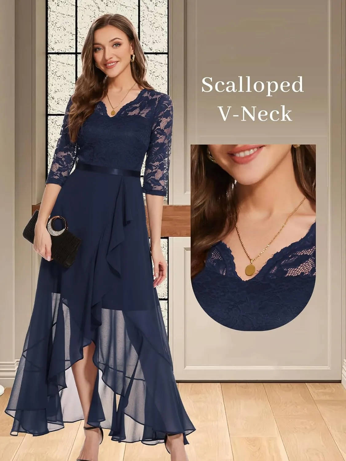 Bbonlinedress Women's V-Neck Dress for Women Wedding Guest Hi-Lo Floral Lace Prom Cocktail Party Formal Bridesmaid Dress