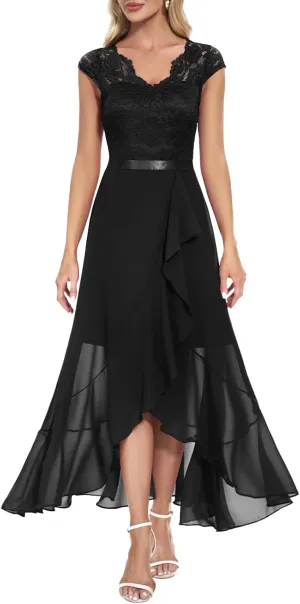 Bbonlinedress Women's V-Neck Dress for Women Wedding Guest Hi-Lo Floral Lace Prom Cocktail Party Formal Bridesmaid Dress
