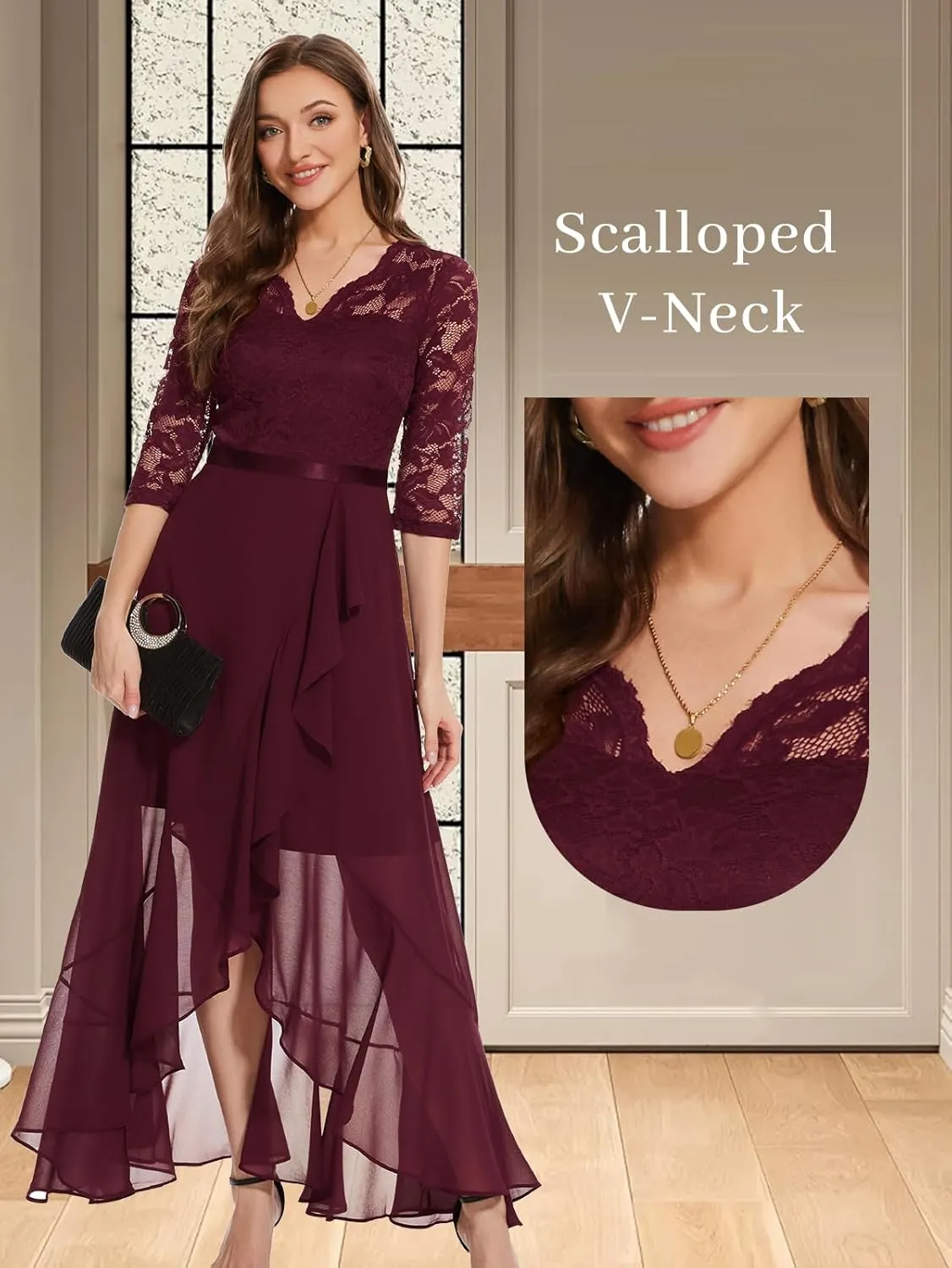 Bbonlinedress Women's V-Neck Dress for Women Wedding Guest Hi-Lo Floral Lace Prom Cocktail Party Formal Bridesmaid Dress