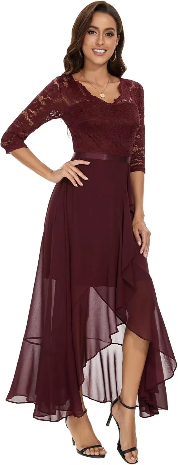 Bbonlinedress Women's V-Neck Dress for Women Wedding Guest Hi-Lo Floral Lace Prom Cocktail Party Formal Bridesmaid Dress