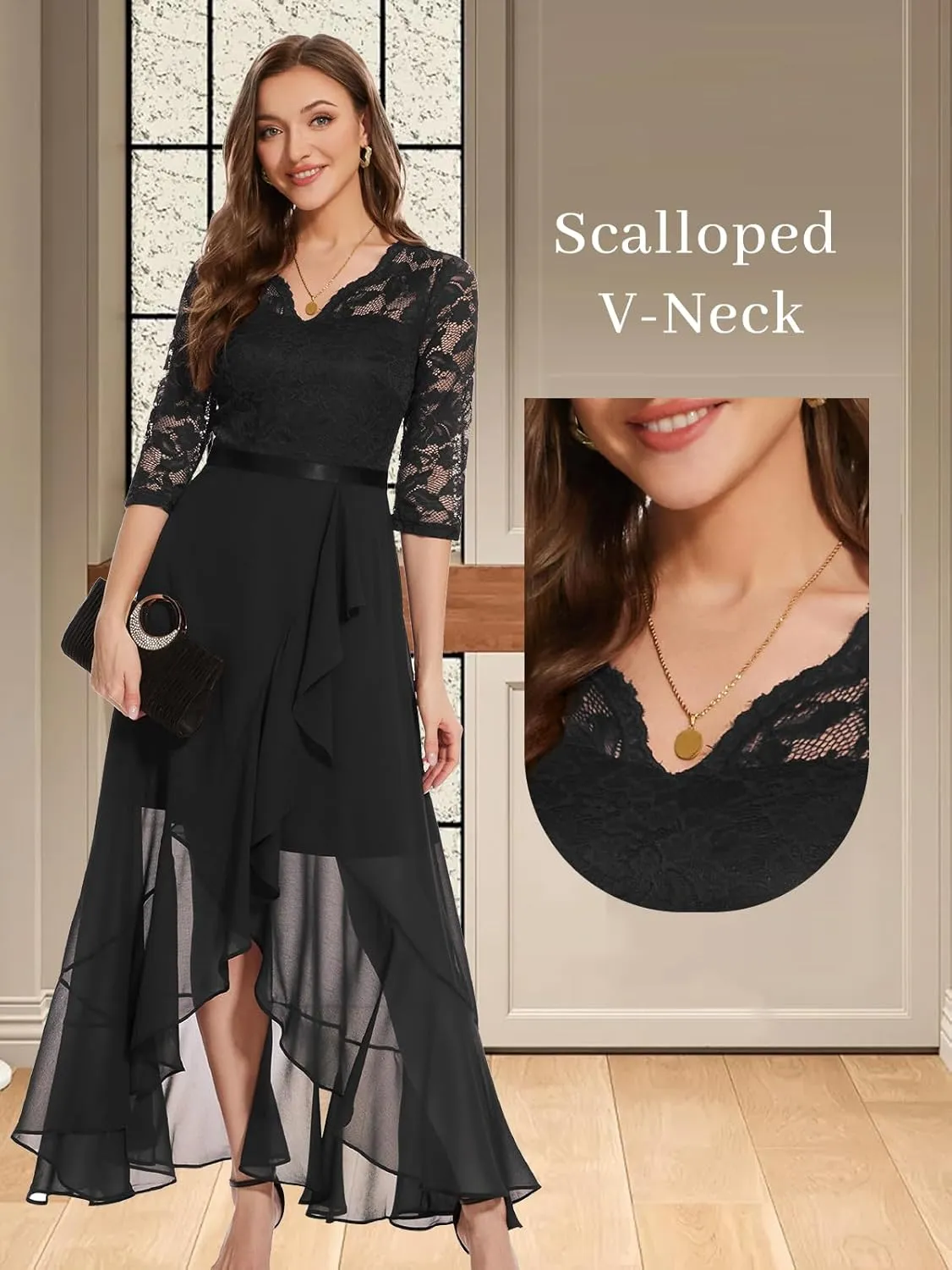 Bbonlinedress Women's V-Neck Dress for Women Wedding Guest Hi-Lo Floral Lace Prom Cocktail Party Formal Bridesmaid Dress