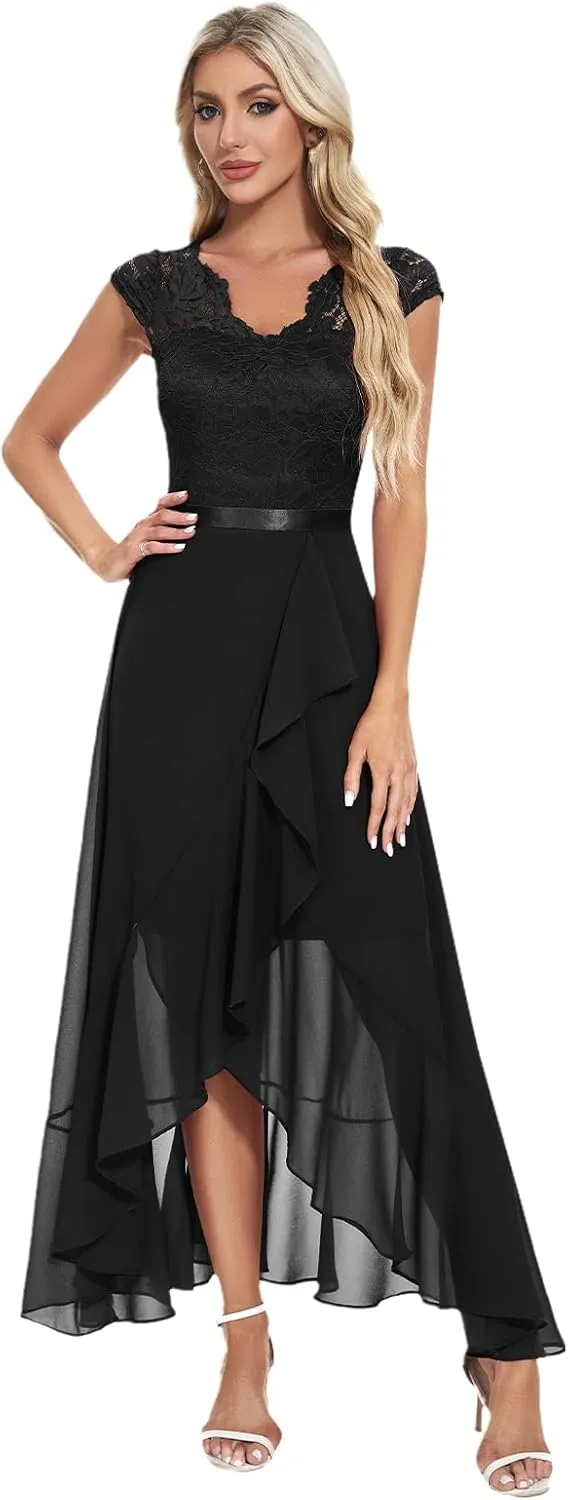 Bbonlinedress Women's V-Neck Dress for Women Wedding Guest Hi-Lo Floral Lace Prom Cocktail Party Formal Bridesmaid Dress