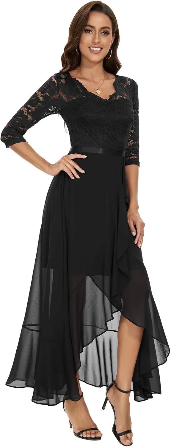Bbonlinedress Women's V-Neck Dress for Women Wedding Guest Hi-Lo Floral Lace Prom Cocktail Party Formal Bridesmaid Dress