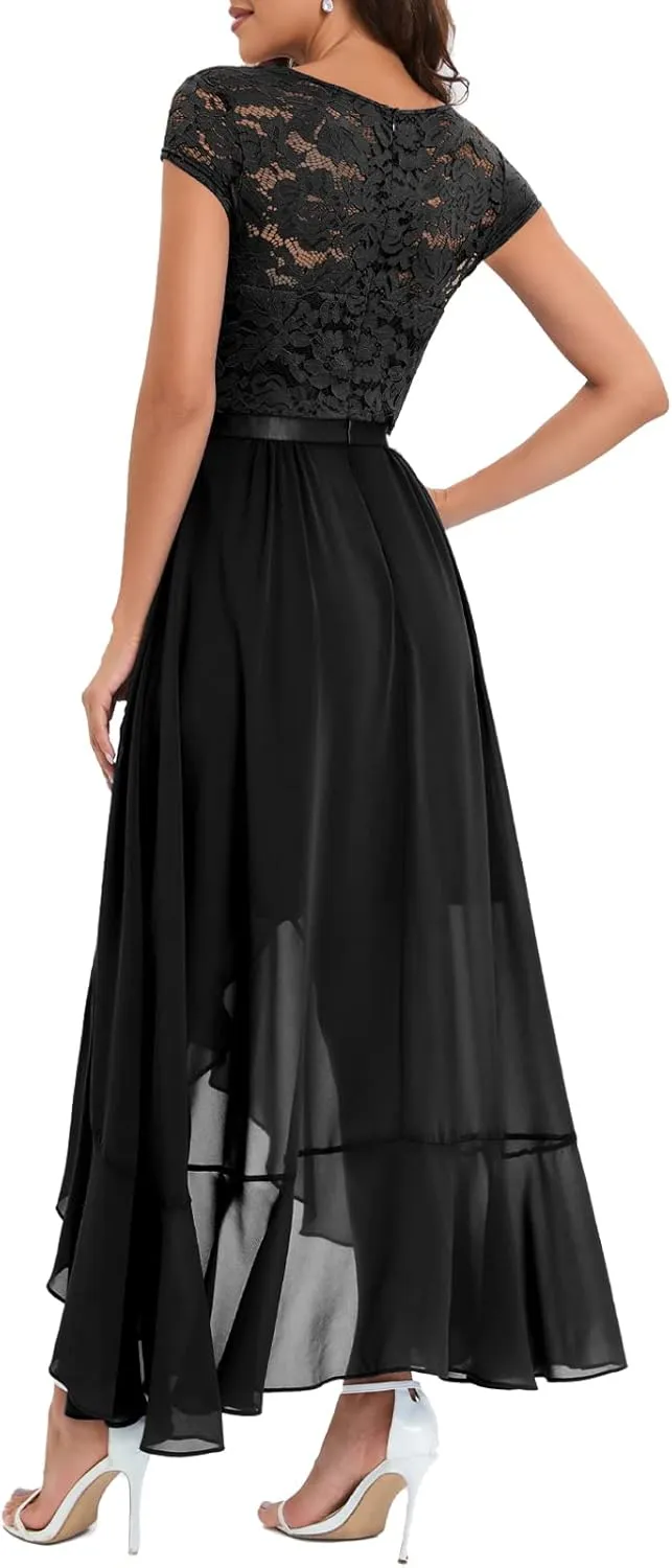 Bbonlinedress Women's V-Neck Dress for Women Wedding Guest Hi-Lo Floral Lace Prom Cocktail Party Formal Bridesmaid Dress