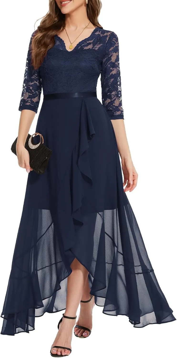 Bbonlinedress Women's V-Neck Dress for Women Wedding Guest Hi-Lo Floral Lace Prom Cocktail Party Formal Bridesmaid Dress