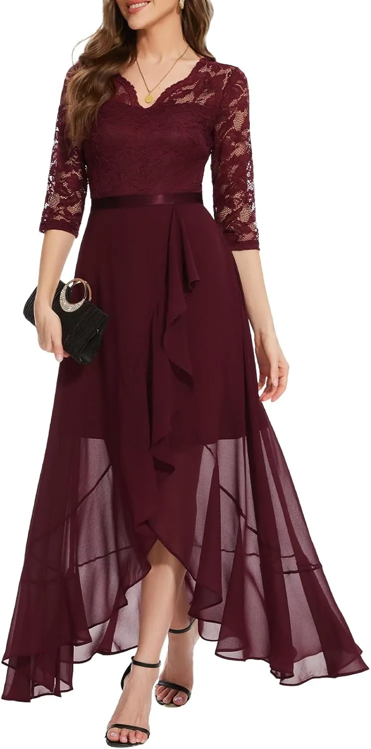 Bbonlinedress Women's V-Neck Dress for Women Wedding Guest Hi-Lo Floral Lace Prom Cocktail Party Formal Bridesmaid Dress