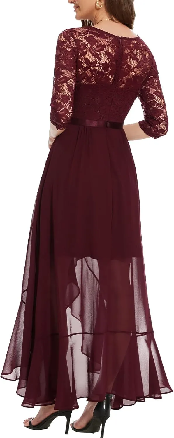 Bbonlinedress Women's V-Neck Dress for Women Wedding Guest Hi-Lo Floral Lace Prom Cocktail Party Formal Bridesmaid Dress