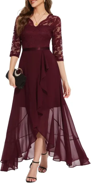 Bbonlinedress Women's V-Neck Dress for Women Wedding Guest Hi-Lo Floral Lace Prom Cocktail Party Formal Bridesmaid Dress