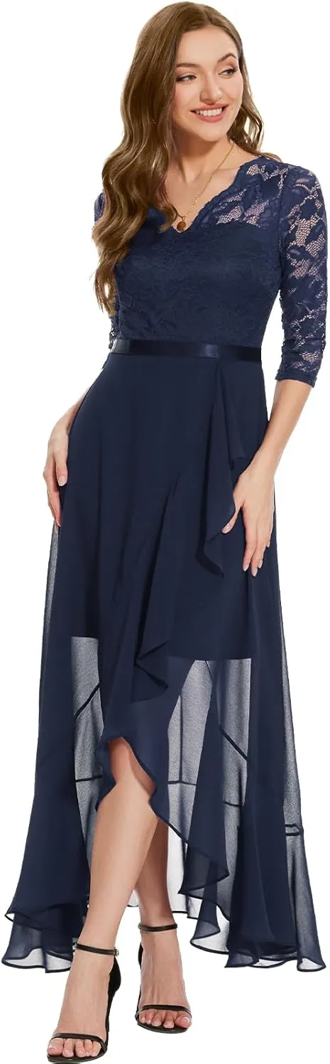 Bbonlinedress Women's V-Neck Dress for Women Wedding Guest Hi-Lo Floral Lace Prom Cocktail Party Formal Bridesmaid Dress