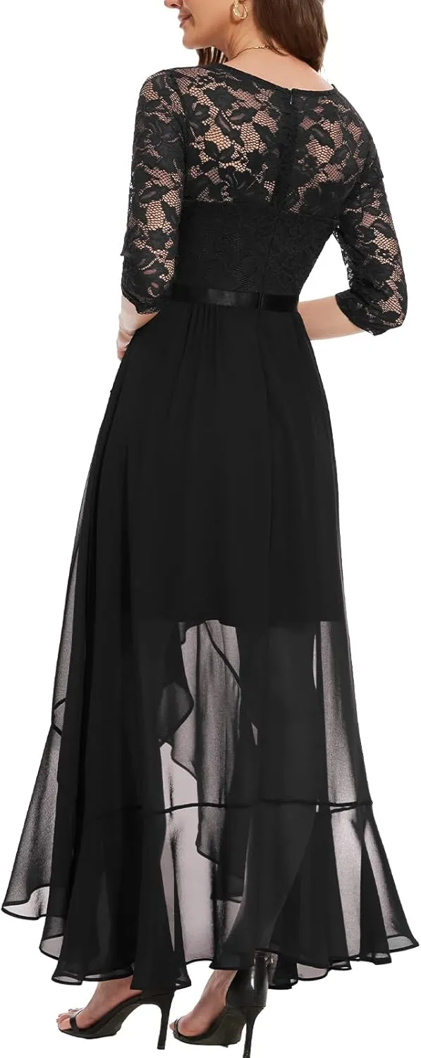 Bbonlinedress Women's V-Neck Dress for Women Wedding Guest Hi-Lo Floral Lace Prom Cocktail Party Formal Bridesmaid Dress