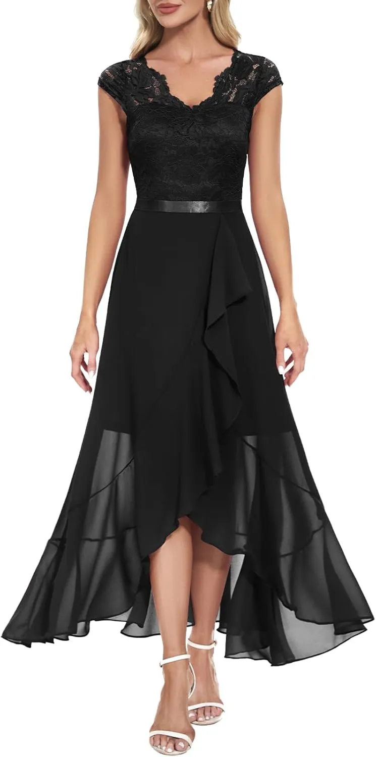 Bbonlinedress Women's V-Neck Dress for Women Wedding Guest Hi-Lo Floral Lace Prom Cocktail Party Formal Bridesmaid Dress