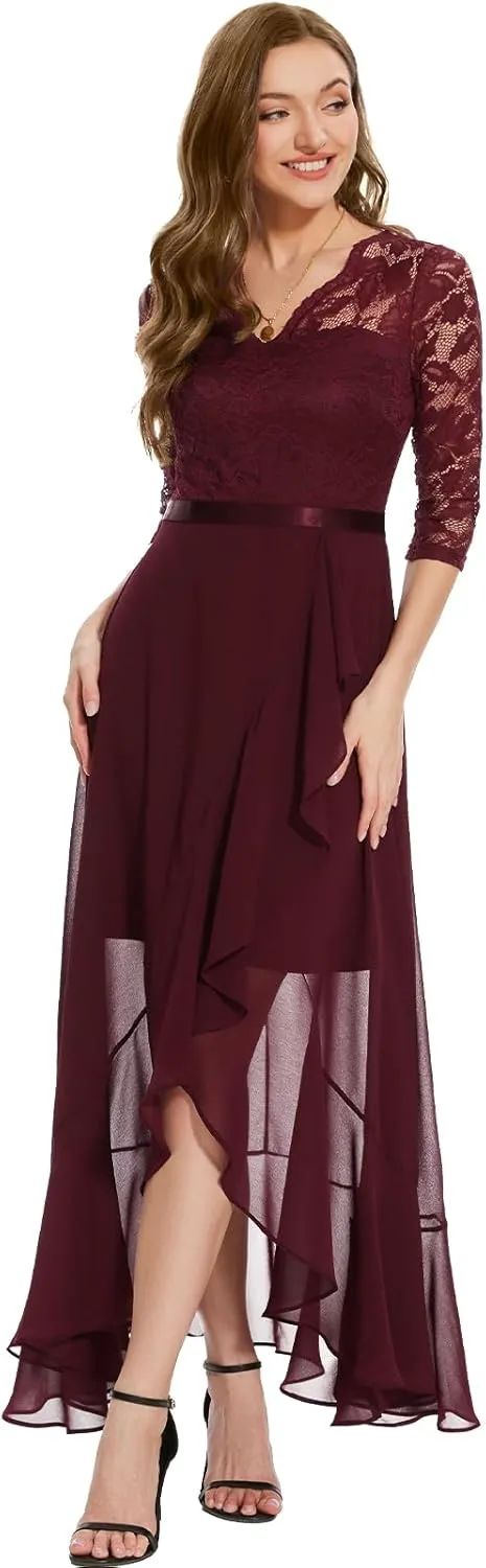 Bbonlinedress Women's V-Neck Dress for Women Wedding Guest Hi-Lo Floral Lace Prom Cocktail Party Formal Bridesmaid Dress