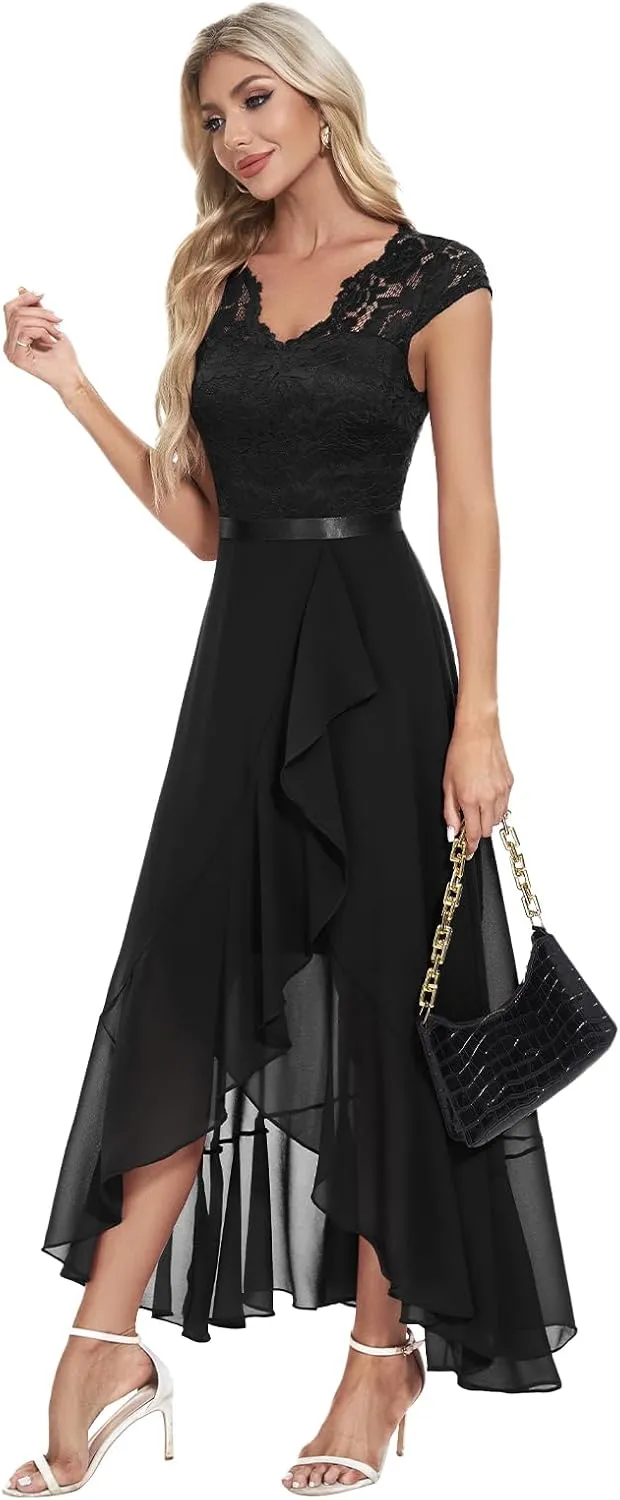 Bbonlinedress Women's V-Neck Dress for Women Wedding Guest Hi-Lo Floral Lace Prom Cocktail Party Formal Bridesmaid Dress