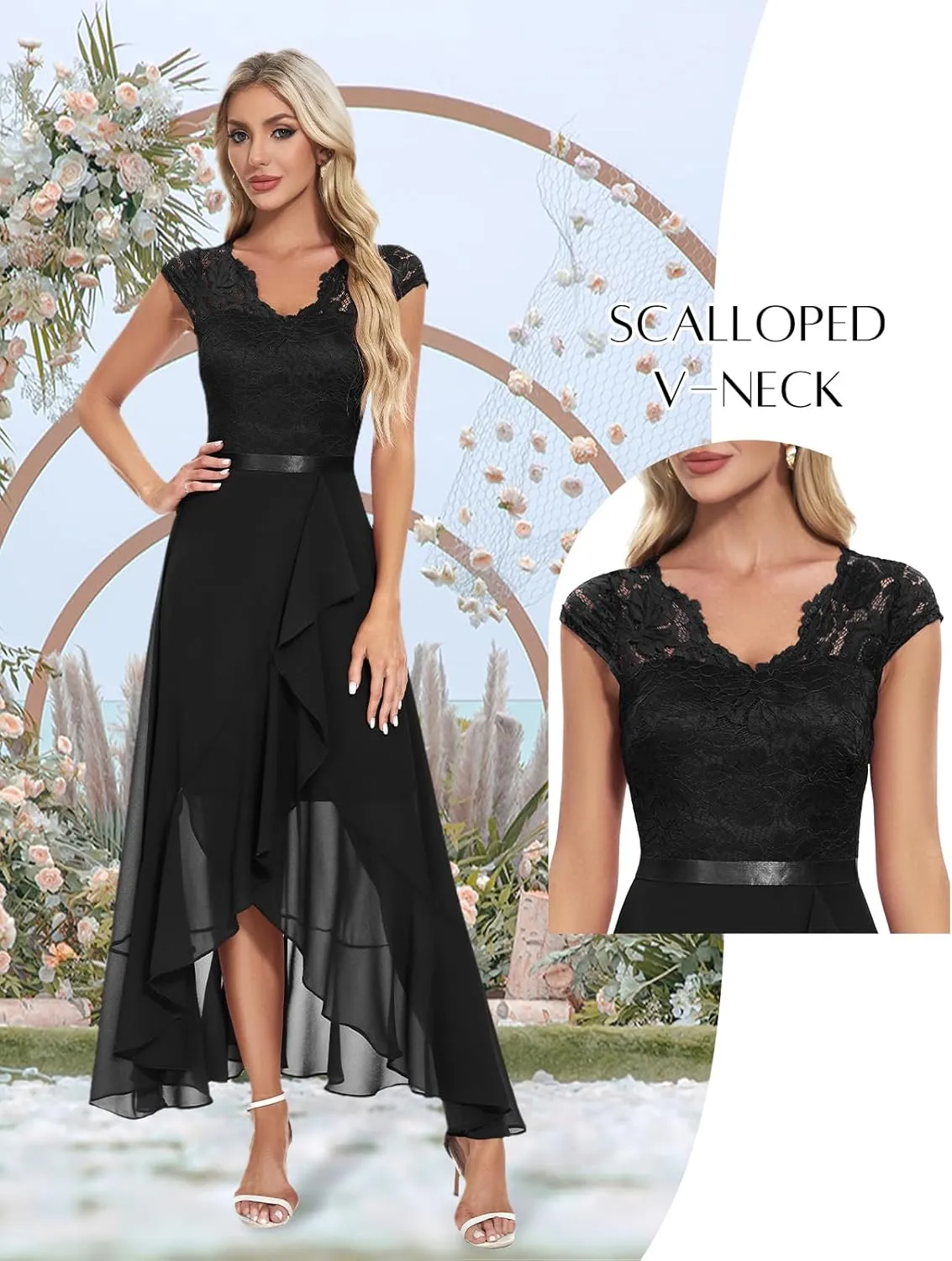 Bbonlinedress Women's V-Neck Dress for Women Wedding Guest Hi-Lo Floral Lace Prom Cocktail Party Formal Bridesmaid Dress