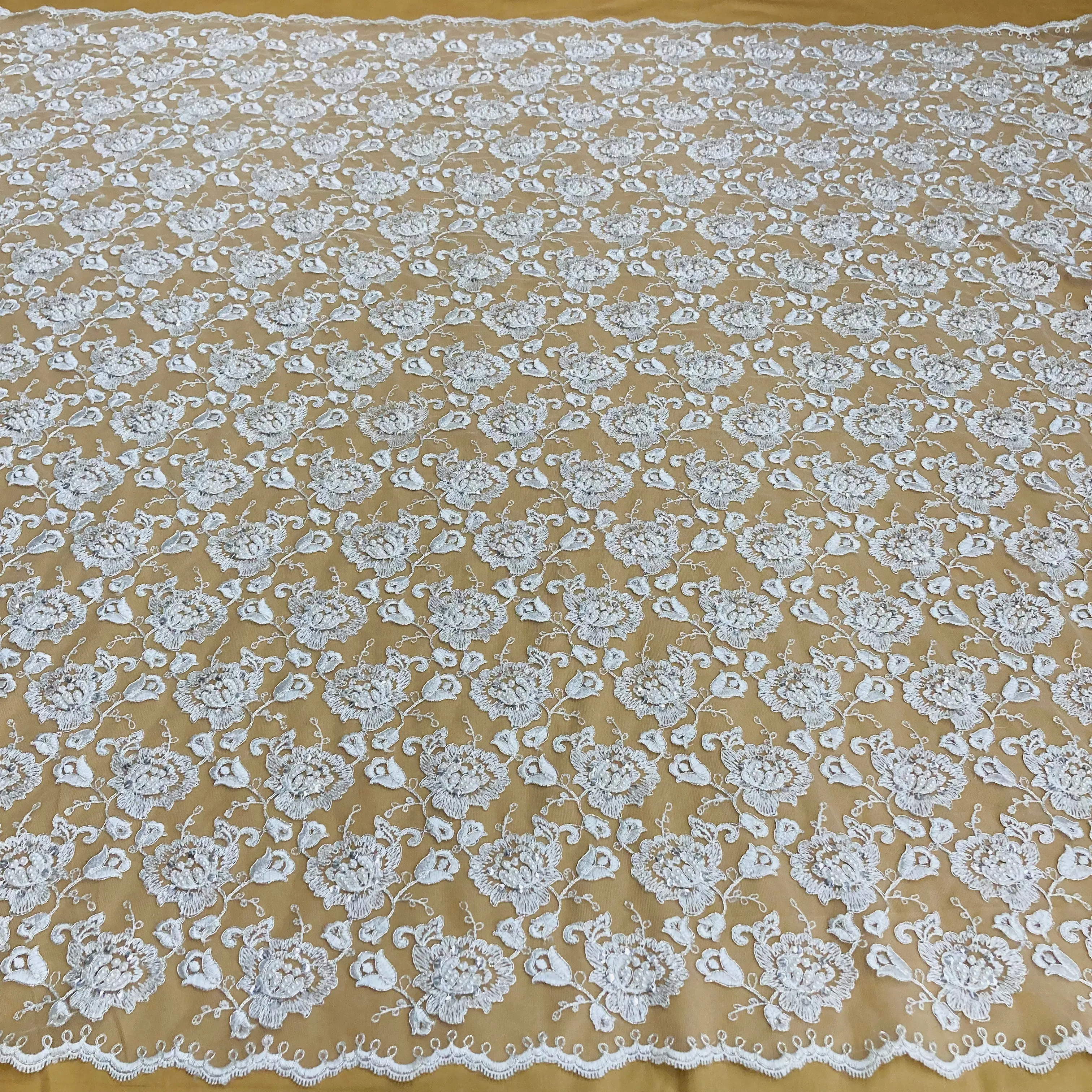 Beaded & Corded Bridal Lace Fabric Embroidered on 100% Polyester Net Mesh | Lace USA - 95163W-BP