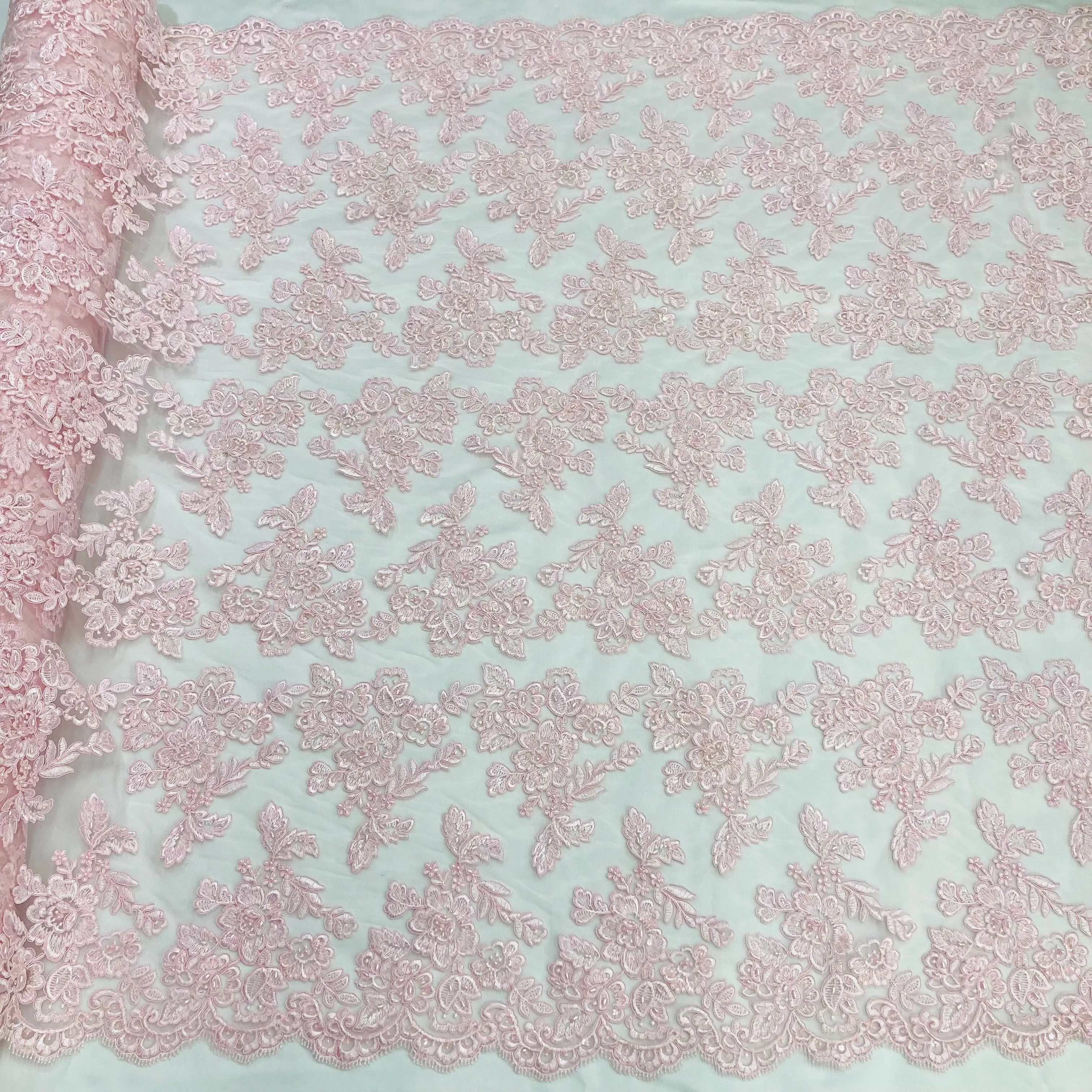 Beaded & Corded Bridal Lace Fabric Embroidered on 100% Polyester Net Mesh | Lace USA - 95409W-BP