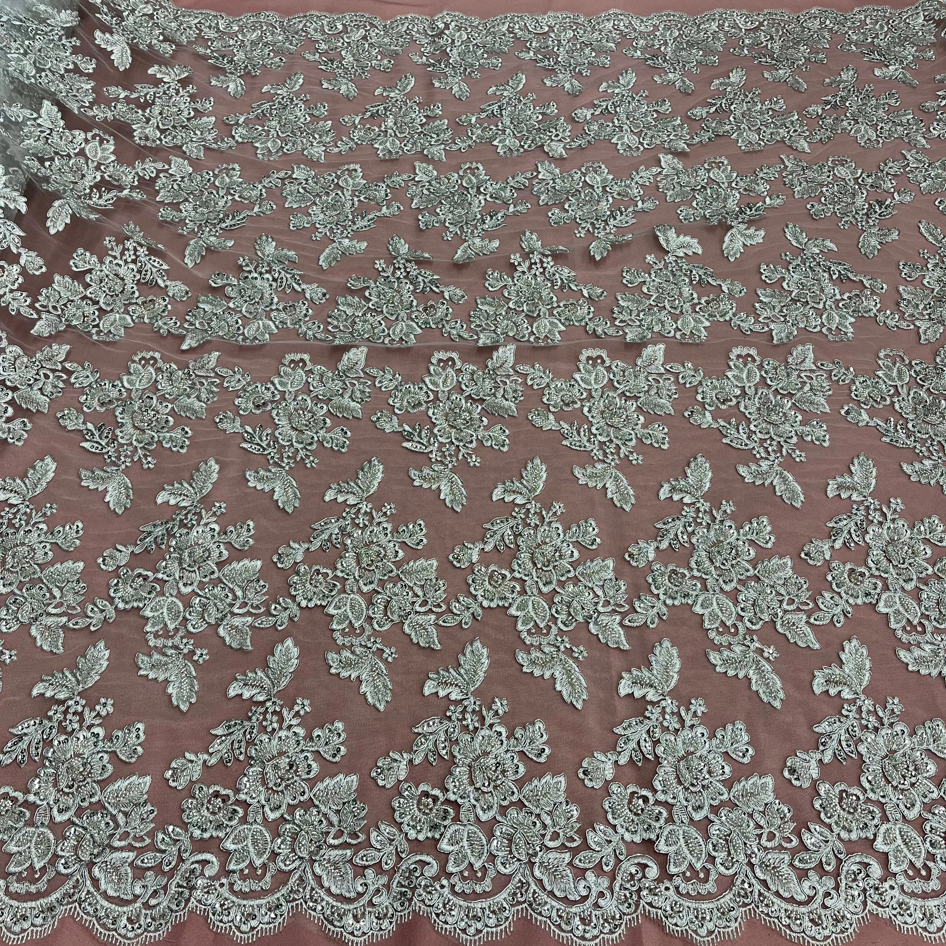 Beaded & Corded Bridal Lace Fabric Embroidered on 100% Polyester Net Mesh | Lace USA - 95409W-HB