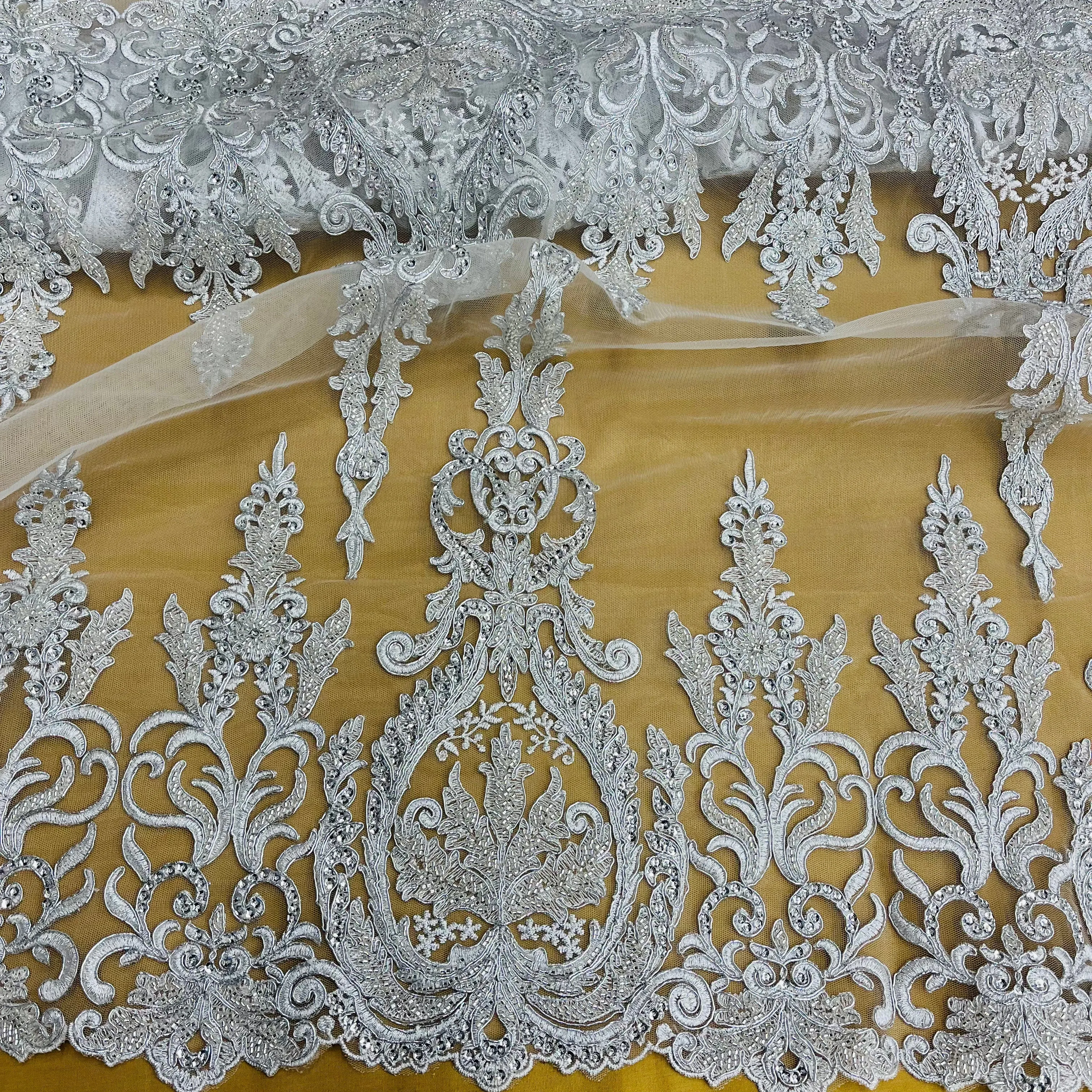 Beaded & Corded Bridal Lace Fabric Embroidered on 100% Polyester Net Mesh | Lace USA - 97201W-HB