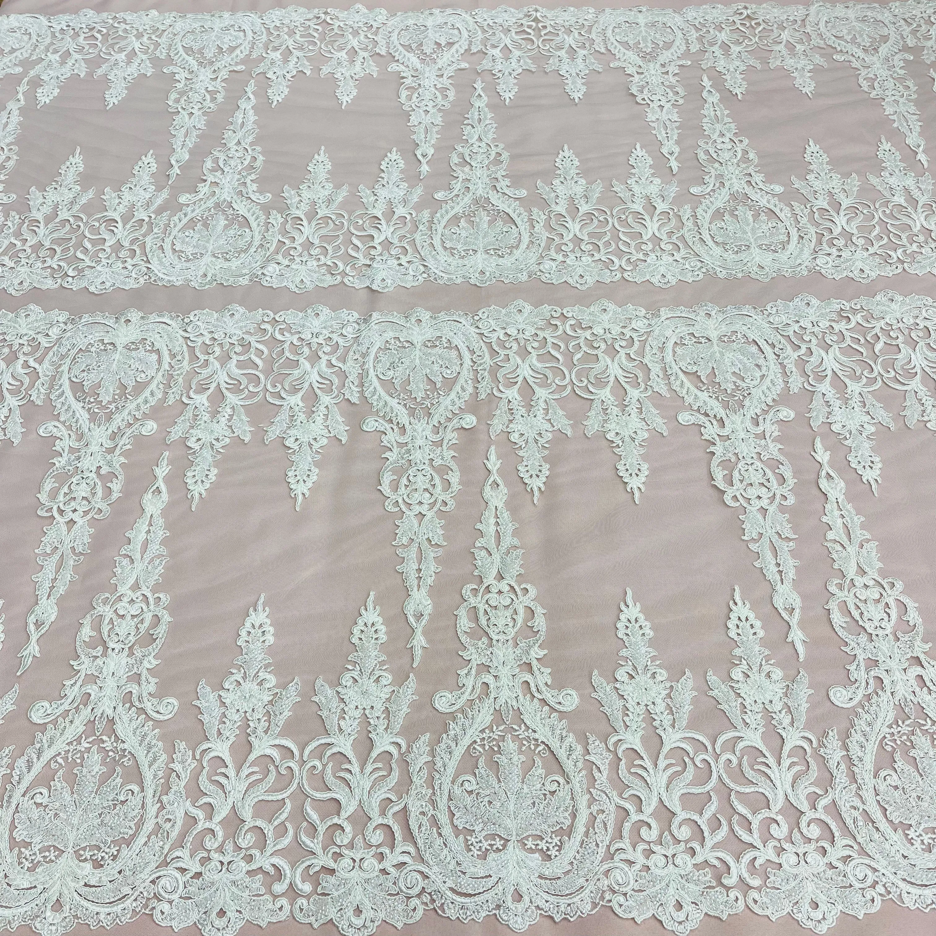 Beaded & Corded Bridal Lace Fabric Embroidered on 100% Polyester Net Mesh | Lace USA - 97201W-HB