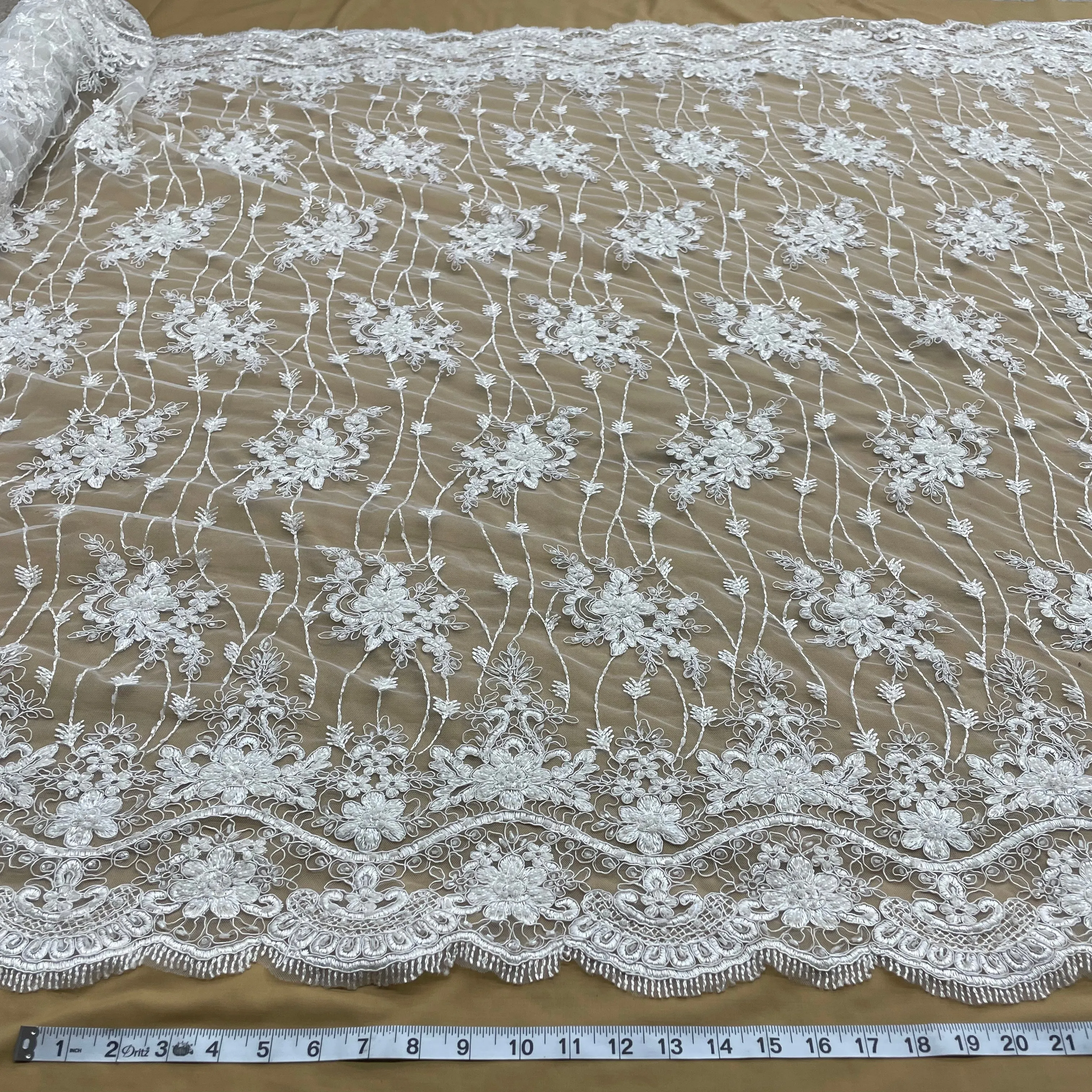 Beaded & Corded Bridal Lace Fabric Embroidered on 100% Polyester Net Mesh | Lace USA - GD-1815