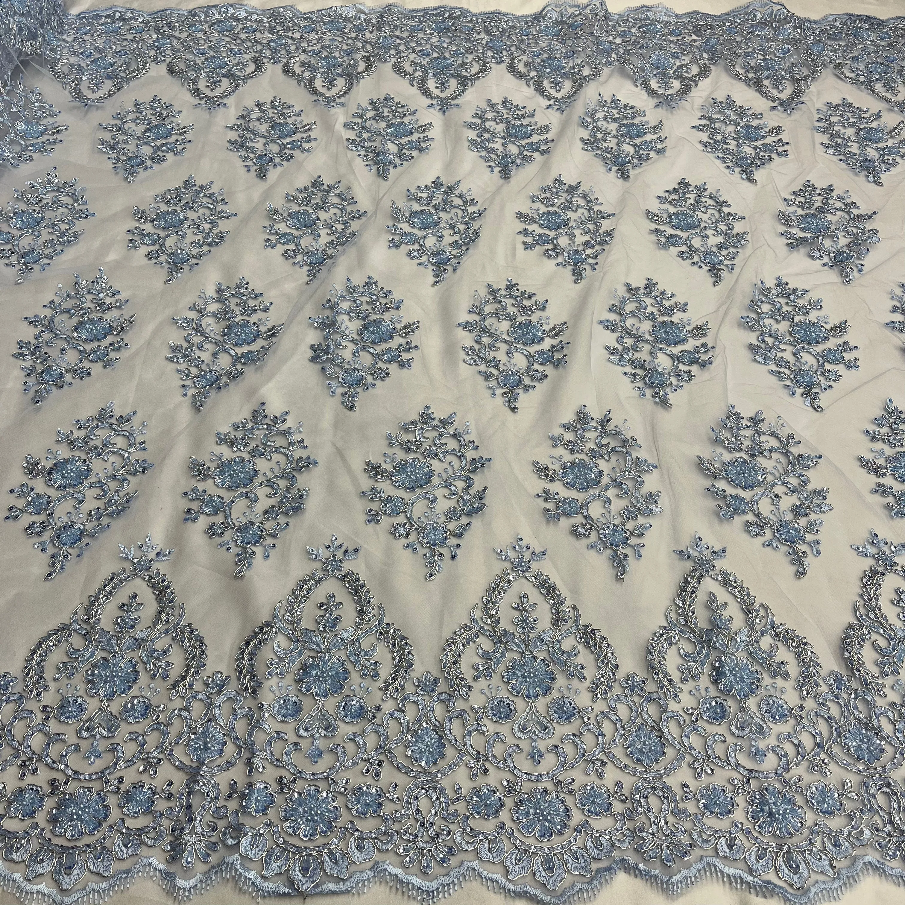 Beaded & Corded Bridal Lace Fabric Embroidered on 100% Polyester Net Mesh | Lace USA - GD-2257