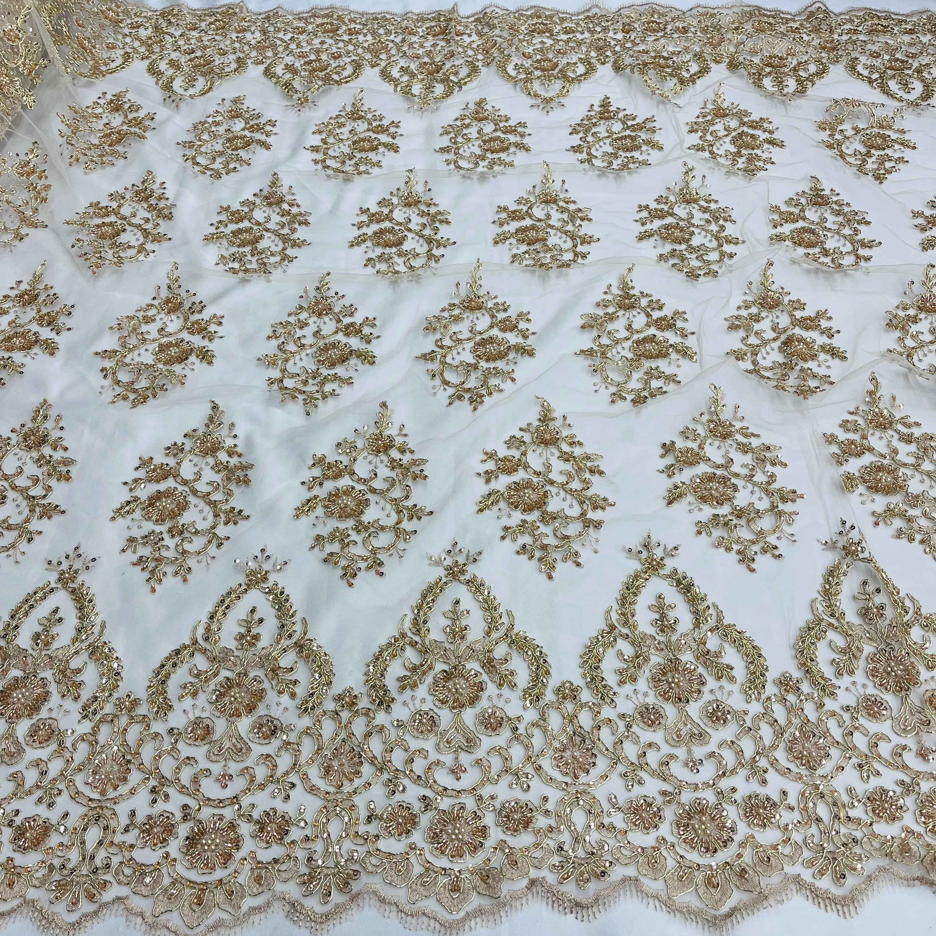 Beaded & Corded Bridal Lace Fabric Embroidered on 100% Polyester Net Mesh | Lace USA - GD-2257
