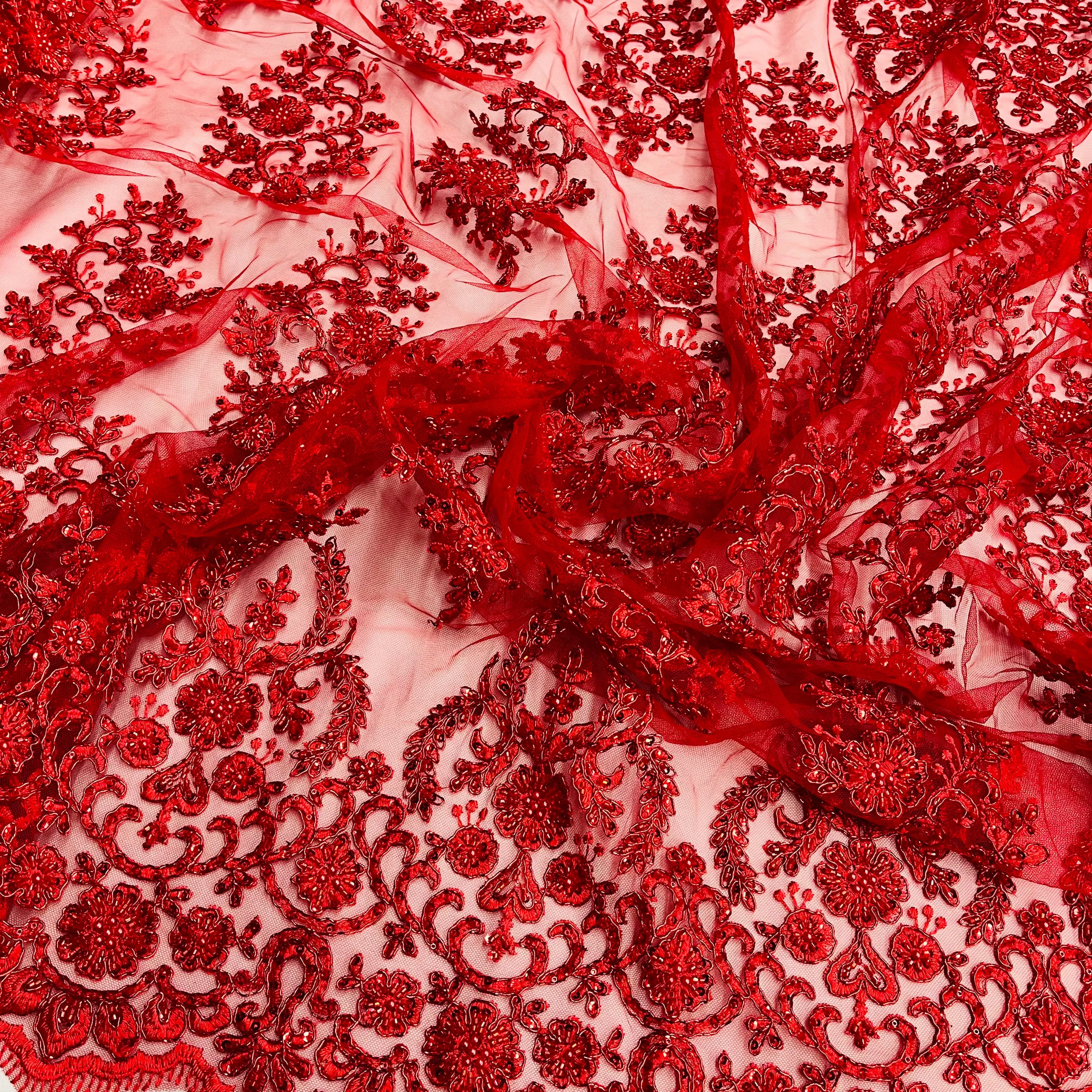 Beaded & Corded Bridal Lace Fabric Embroidered on 100% Polyester Net Mesh | Lace USA - GD-2257