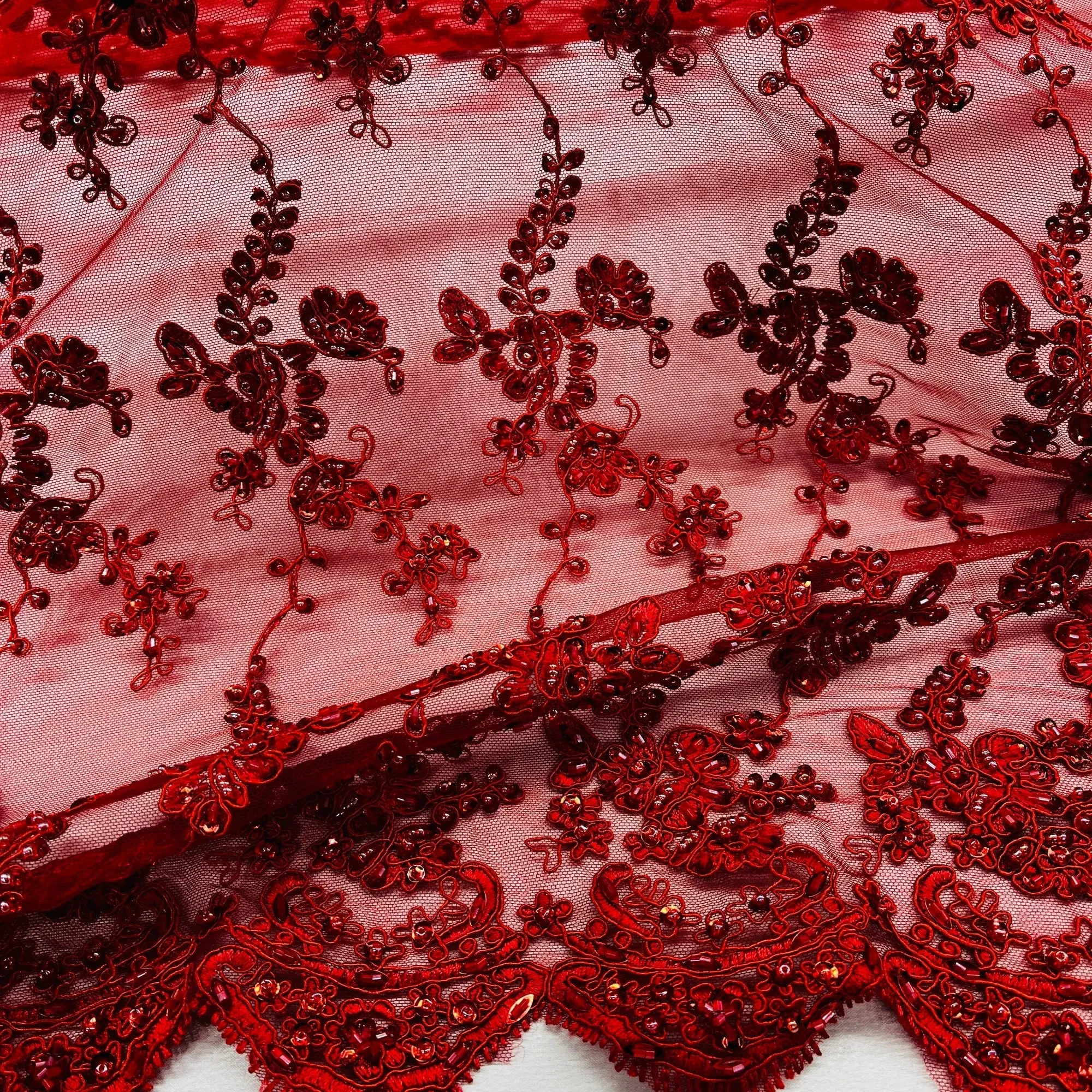 Beaded & Corded Lace Fabric Embroidered on 100% Polyester Net Mesh | Lace USA - GD-1819