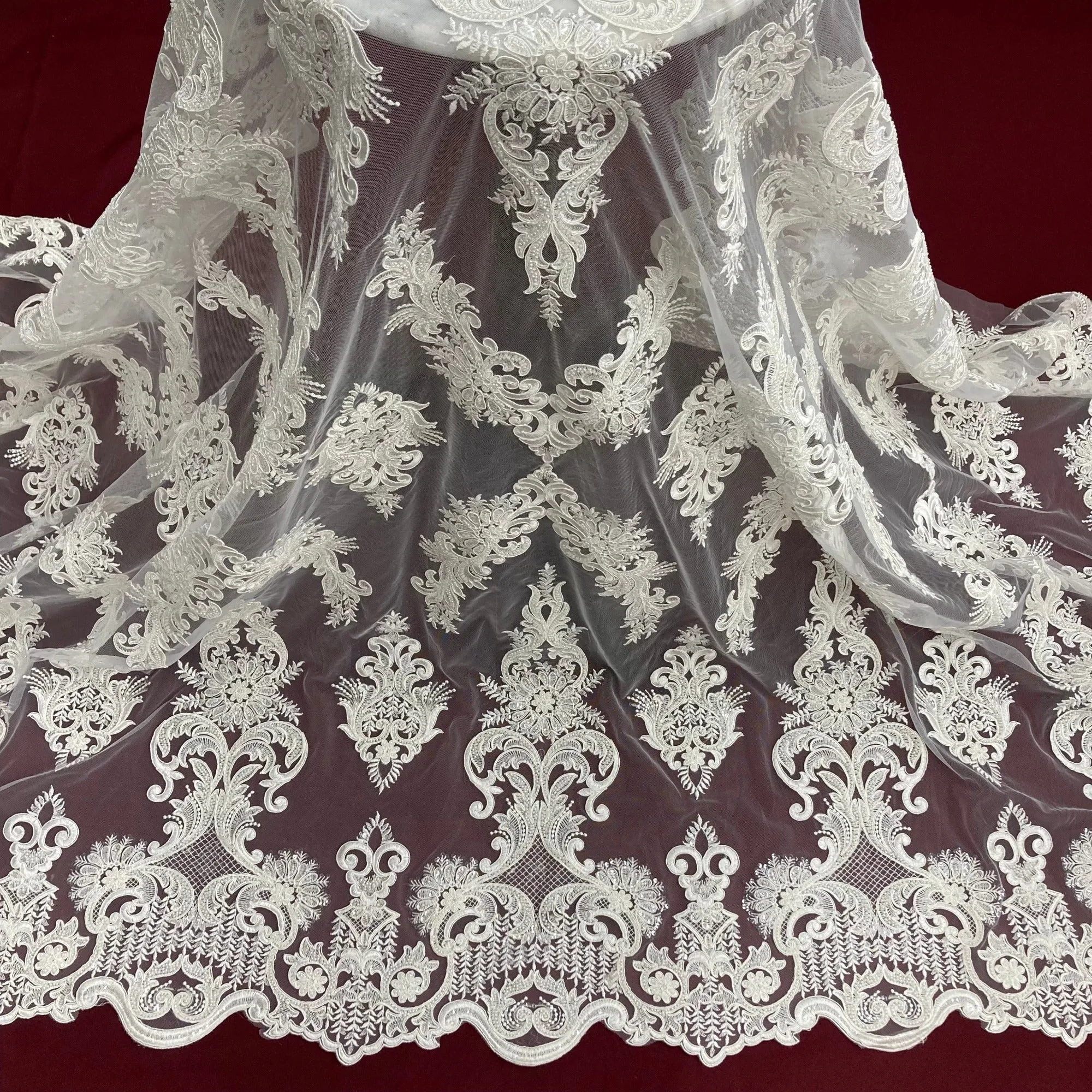 Beaded & Corded Lace Fabric Embroidered on 100% Polyester Net Mesh | Lace USA - GD-58026