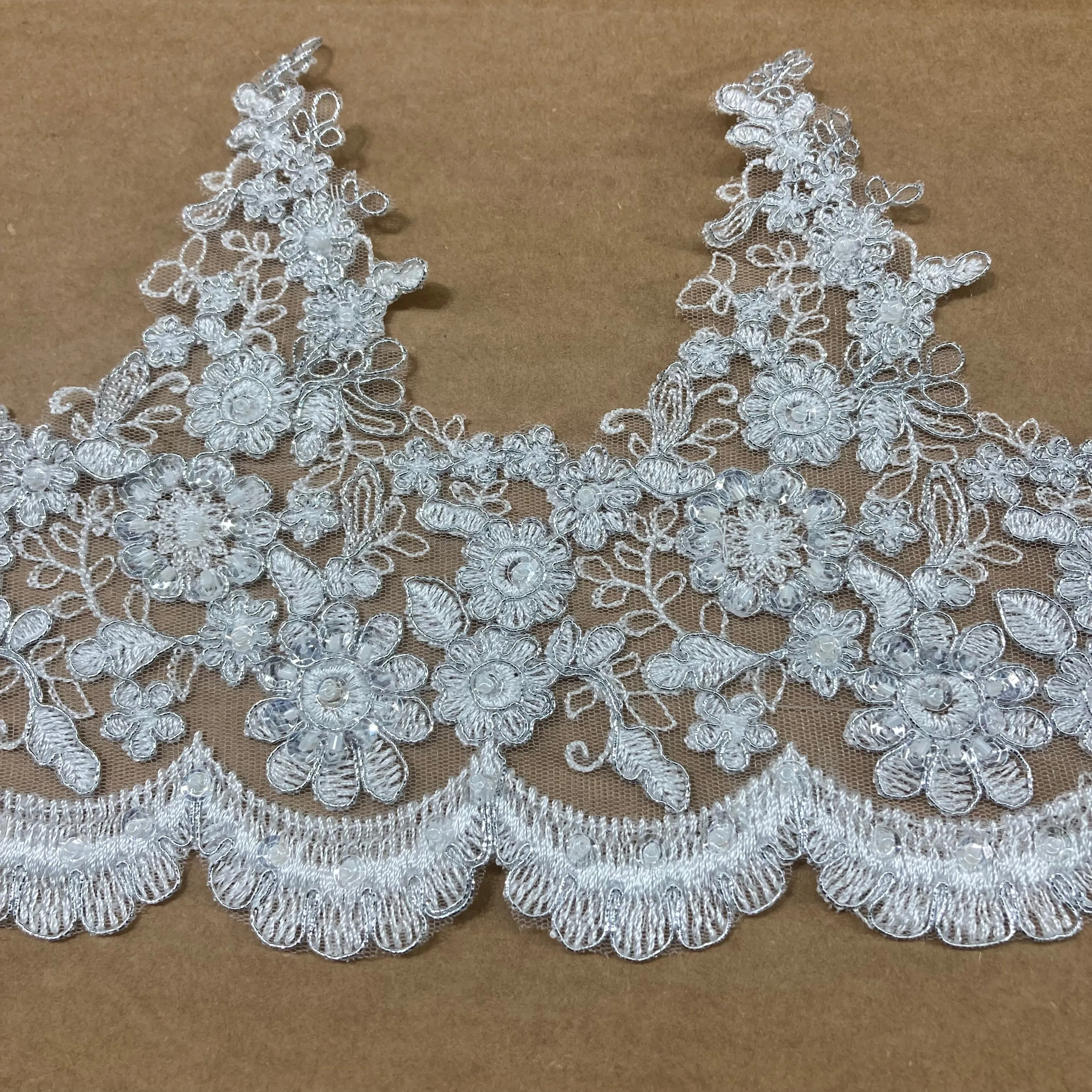 Beaded & Corded Lace Trimming Embroidered on 100% Polyester Net Mesh | Lace USA - 97016W-BP