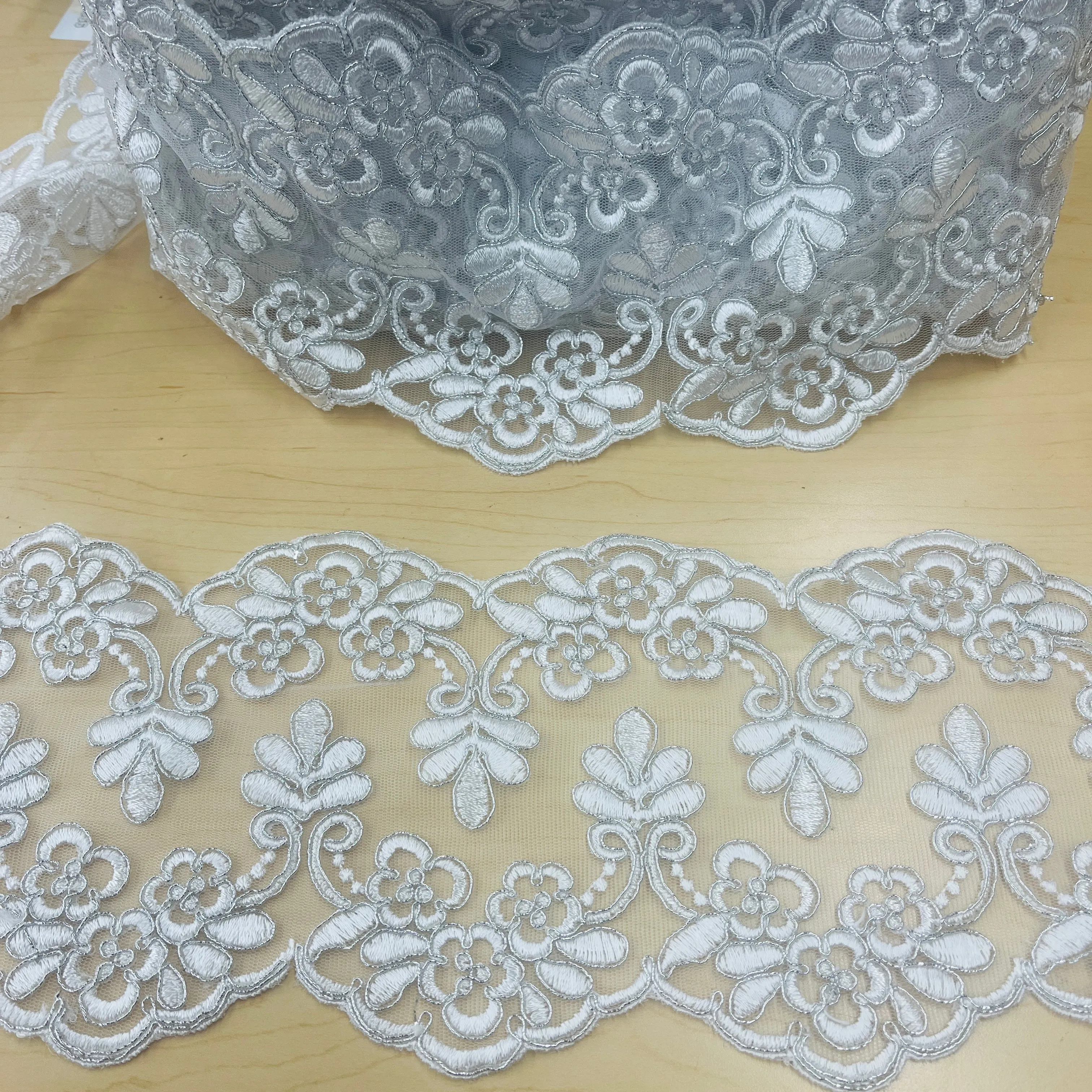 Beaded Lace Applique Embroidered on 100% Polyester Net Mesh | Spandex PalaceLace USA - 95967W/2