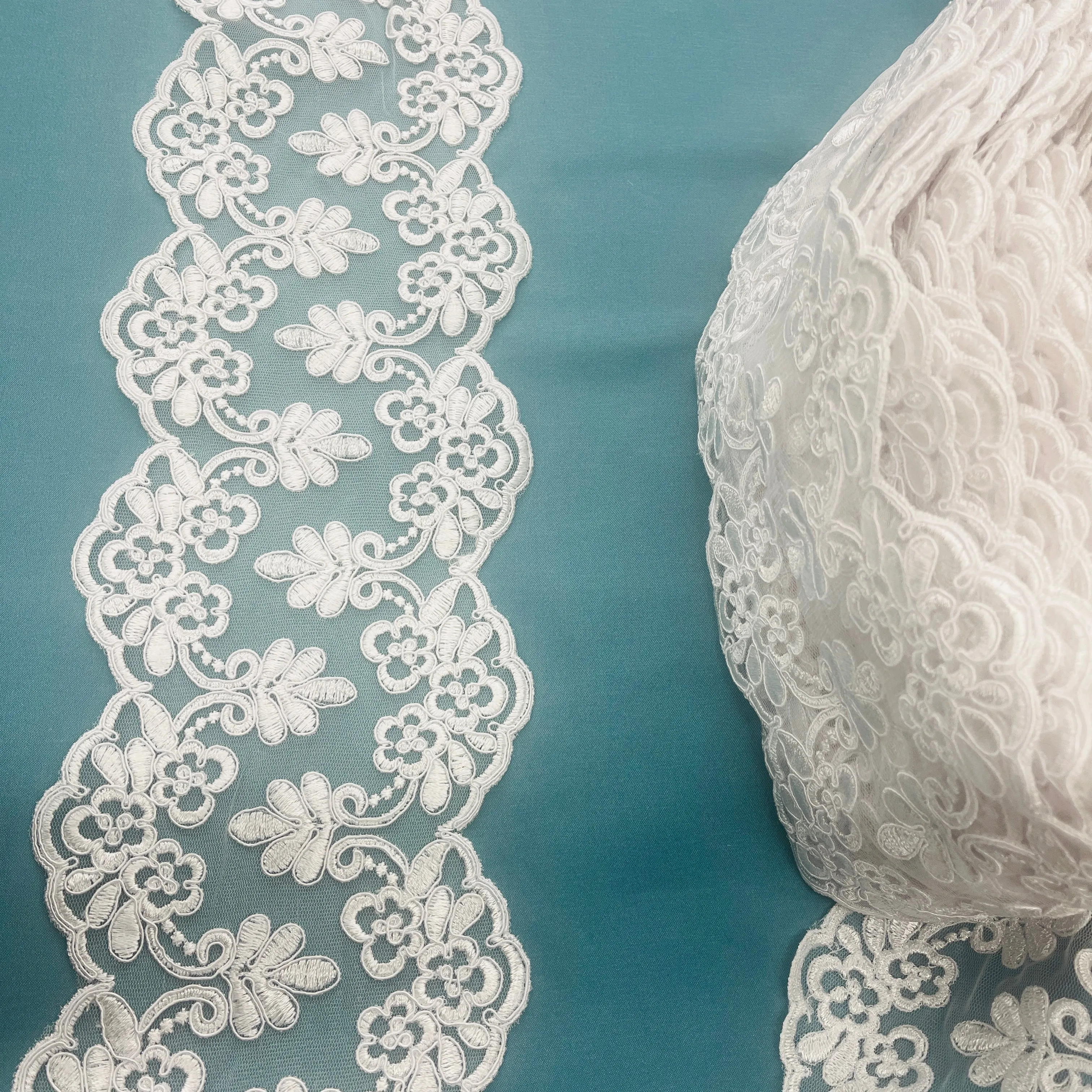 Beaded Lace Applique Embroidered on 100% Polyester Net Mesh | Spandex PalaceLace USA - 95967W/2