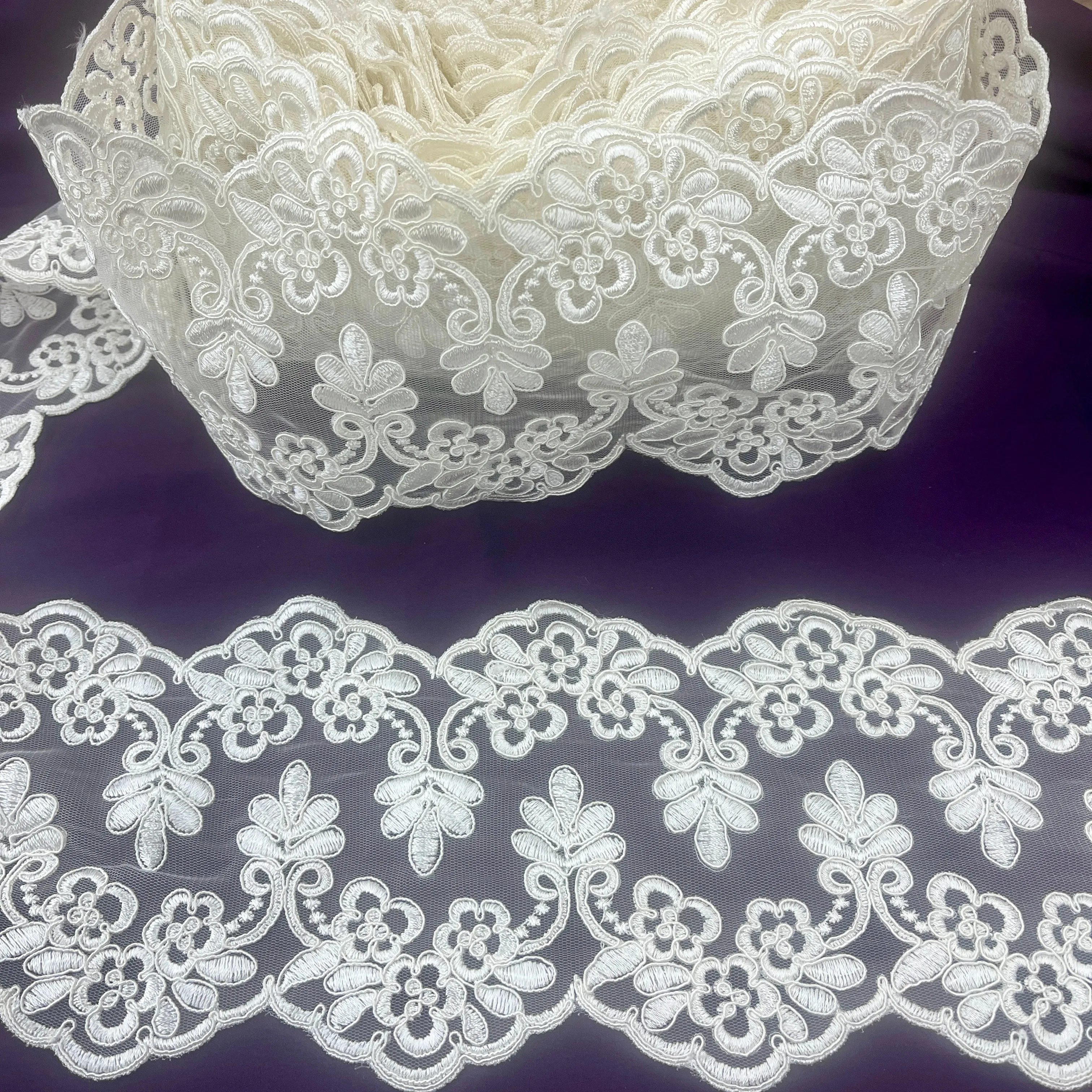 Beaded Lace Applique Embroidered on 100% Polyester Net Mesh | Spandex PalaceLace USA - 95967W/2