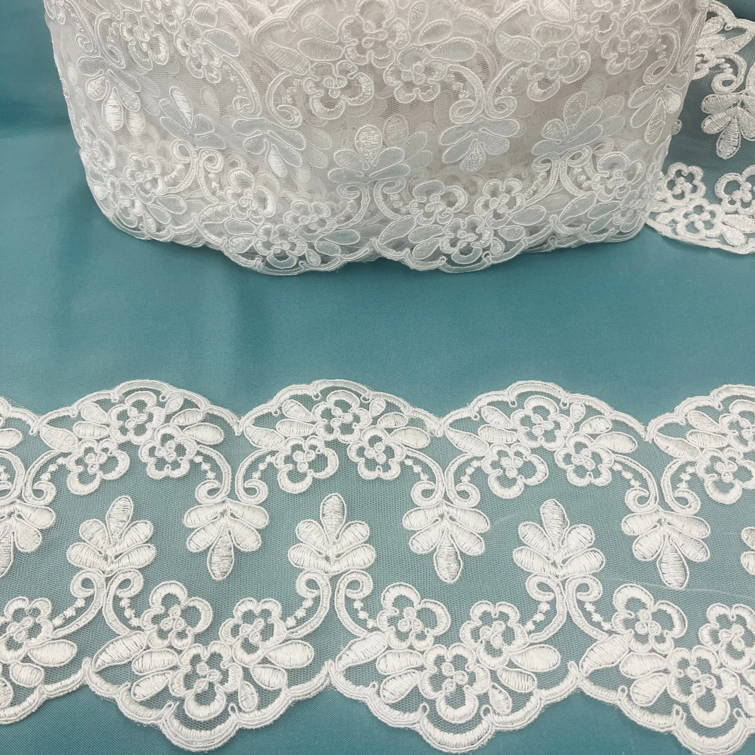 Beaded Lace Applique Embroidered on 100% Polyester Net Mesh | Spandex PalaceLace USA - 95967W/2