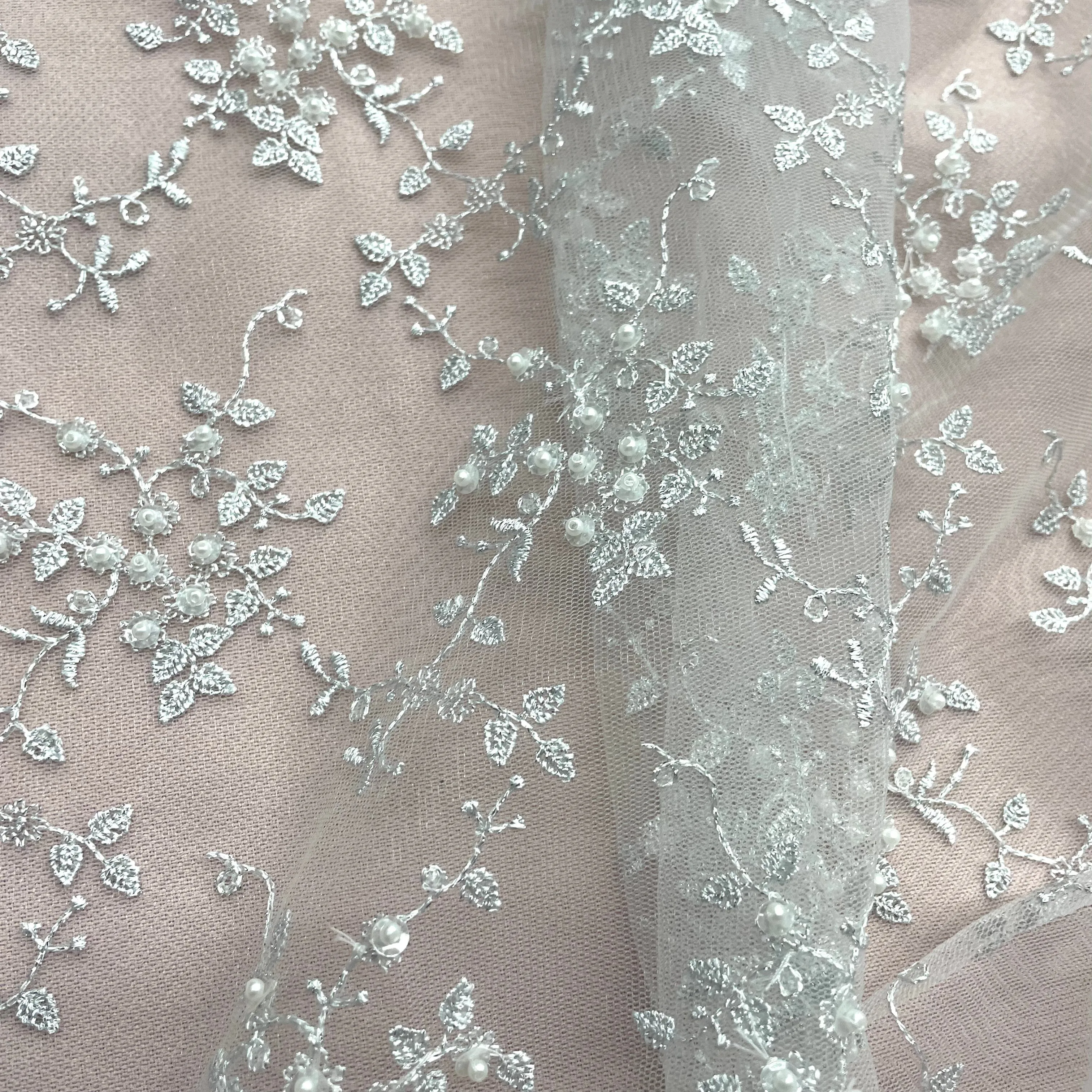 Beaded Lace Fabric Embroidered on 100% Polyester Net Mesh | Lace USA - 41608W-BP