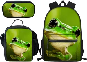 Beauty Collector Designer Frog Backpack Bookbags Set for School Cute Lunch Bag, Pencil Case and Big Backpacks