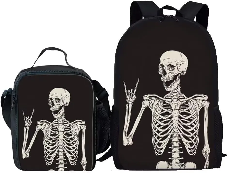 Beginterest 2Pcs Skull Backpacks Set for School Funny Skeleton Backpack and Lunch Box for Kids Girls Boys