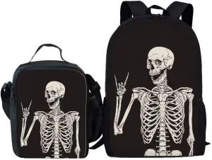 Beginterest 2Pcs Skull Backpacks Set for School Funny Skeleton Backpack and Lunch Box for Kids Girls Boys