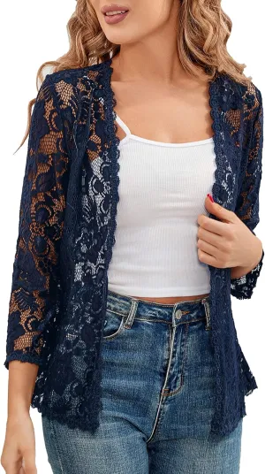 BENANCY Women's 3/4 Sleeve Bolero Shrugs Crochet Lace Open Cardigan