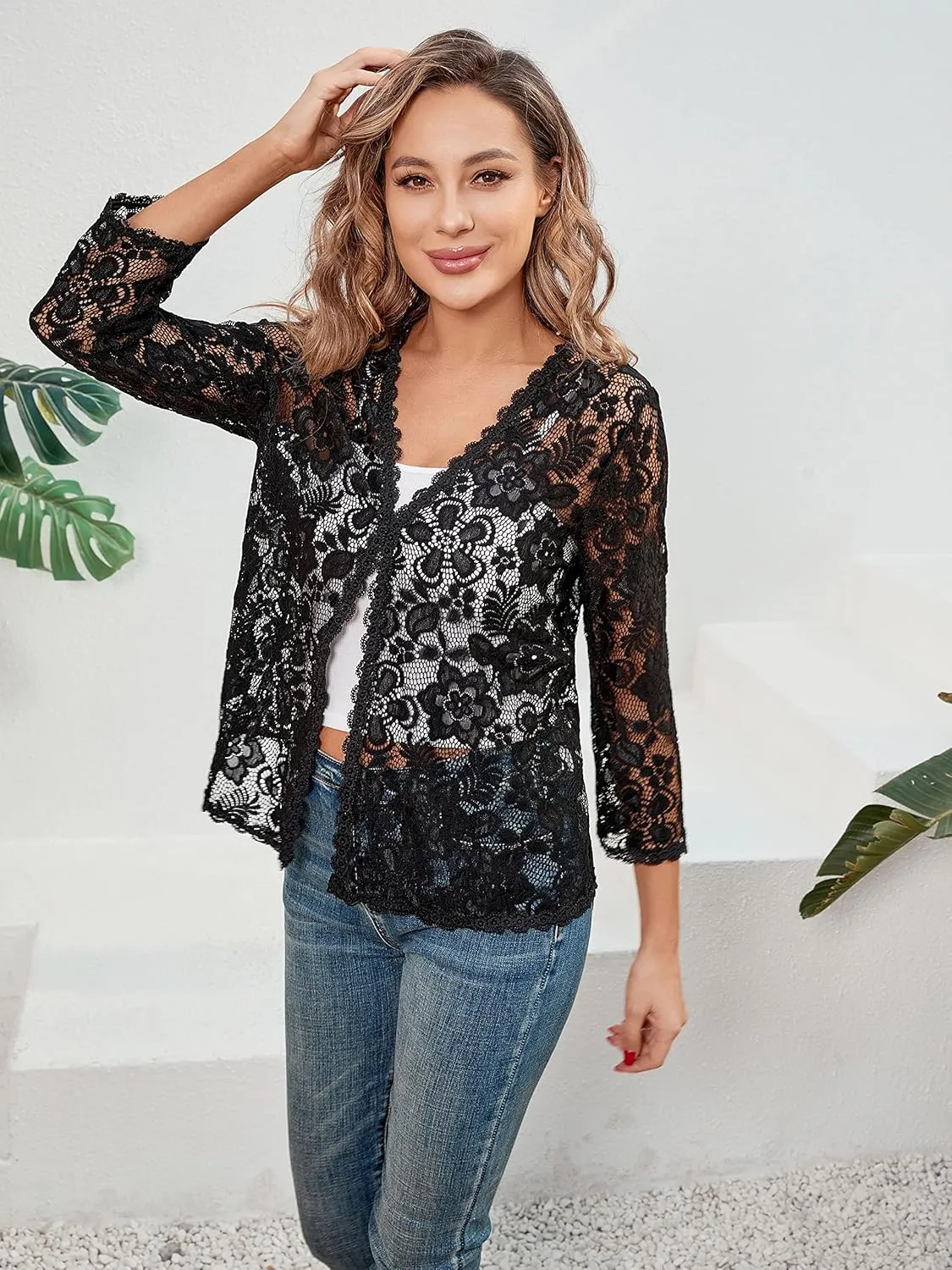 BENANCY Women's 3/4 Sleeve Bolero Shrugs Crochet Lace Open Cardigan